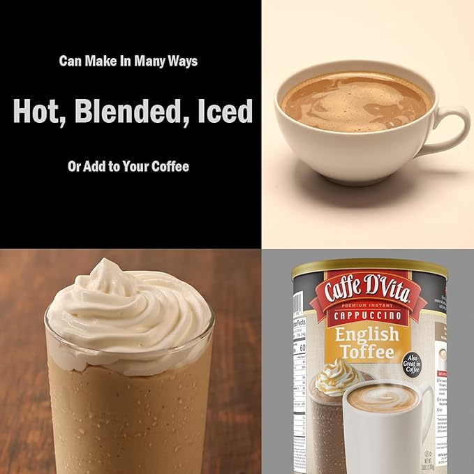 Caffe D'Vita English Toffee Cappuccino Mix - Instant Cappuccino Mix, Gluten Free, No Cholesterol, No Hydrogenated Oils, No Trans Fat, 99% Caffeine Free, Flavored Instant Coffee - 3 Lb Can