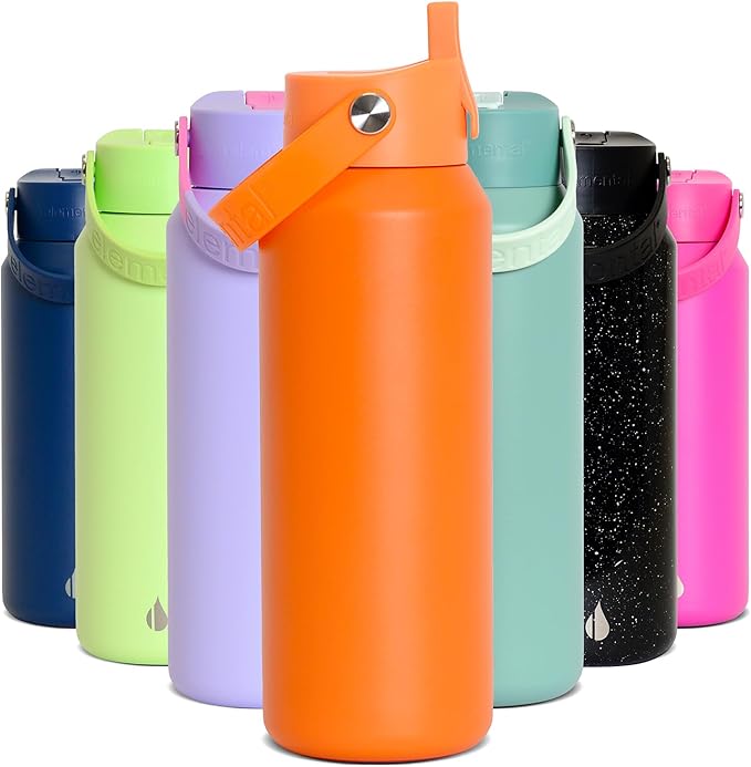 Elemental 40oz Insulated Water Bottle with Straw - 100% Leak-Proof Stainless Steel Core Water Bottles for Travel, Sports and Gym - Double Wall Insulation & BPA Free - Orange