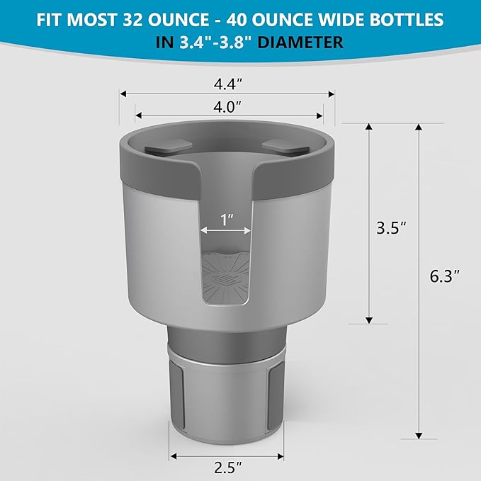 Seven Sparta Car Cup Holder Expander Organizer with Adjustable Base, Compatible with Hydro Flasks 32/40 Ounce, Compatible with Yeti Ramblers 20/26/30 Ounce, Other Bottles in 3.4"-3.8" (Gray)