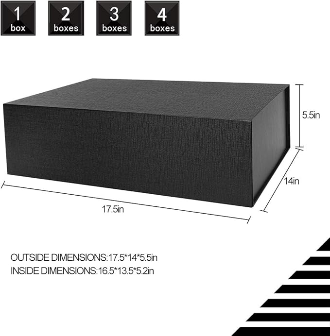 Upgrade 4PCS BLACK Hard Extra Large Gift Box with Lid,16.5 x13 x5.3 Inches, Magnetic Gift Boxes for Clothes Robe Wedding Dress Sweater and Gifts,Reusable Foldable Bridesmaid Proposal Box