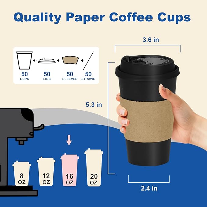 Coolcap 16 oz 50 Pack Coffee Cups with Lids and Sleeves, Straws, Hot Disposable To Go Travel Paper Cups Bulk for Office, Home Coffee Bar Accessories, Chocolate, Cocoa, Beverage (Black)