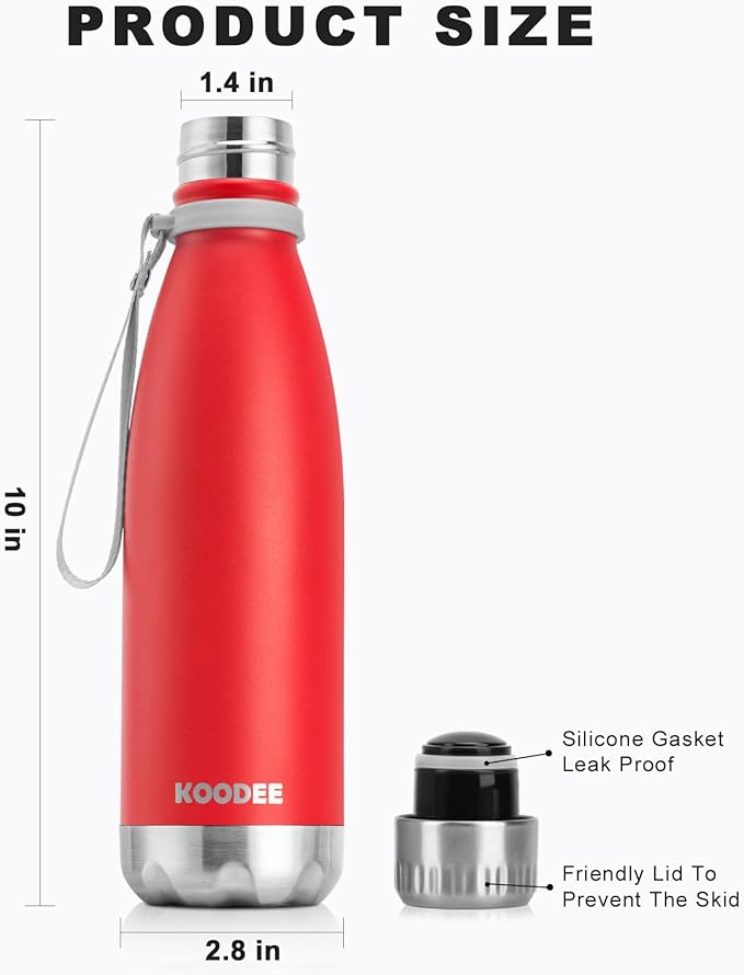 koodee 17 oz Stainless Steel Water Bottle-Double Wall Vacuum Insulated Sports Water Bottle for Girls，Cola Shape Leak Proof Sports Flask (Canyon Red)