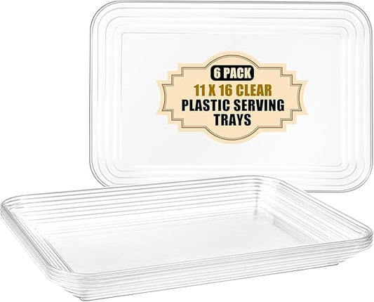 SUT 6-Pack Clear Serving Trays for Entertaining-16 x 11" Serving Platters for Snacks, Fruit, Cookies, Dessert, Reusable Plastic Trays for Serving Food and Party Organization in Kitchen & for Parties