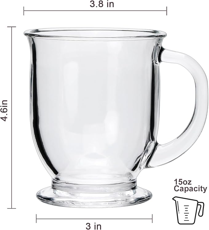 Glass Mugs, 4 Pack 15 Oz Clear Large Mugs With Handles for Hot and Cold Drinks, Perfect for Coffee, Latte, Cappuccinos, Tea and More