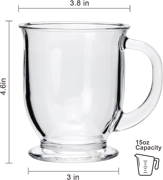 Glass Mugs, 4 Pack 15 Oz Clear Large Mugs With Handles for Hot and Cold Drinks, Perfect for Coffee, Latte, Cappuccinos, Tea and More