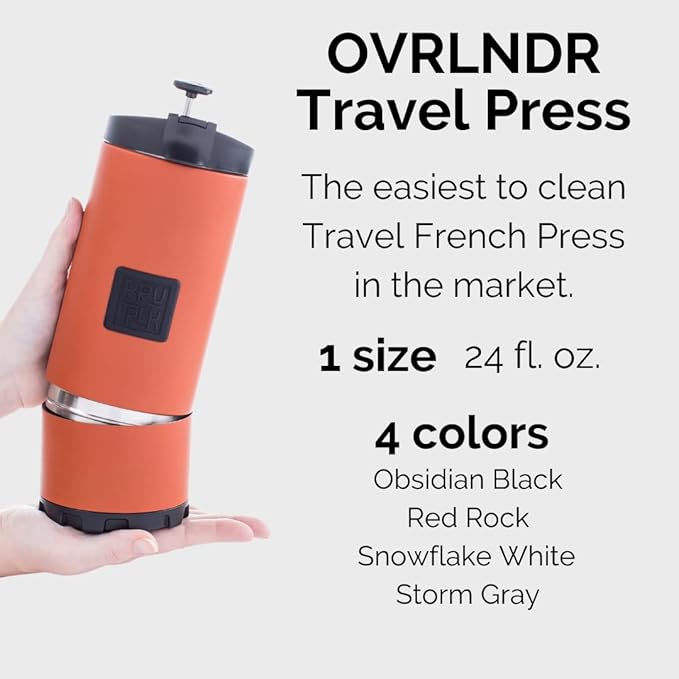 BruTrek OVRLNDR Travel Coffee French Press, 24 fl.oz Capacity, Double Wall Vacuum Insulated, Easy To Clean Removable Bottom, No Spill Lid, On The Go Coffee Brewing (Snowflake White)