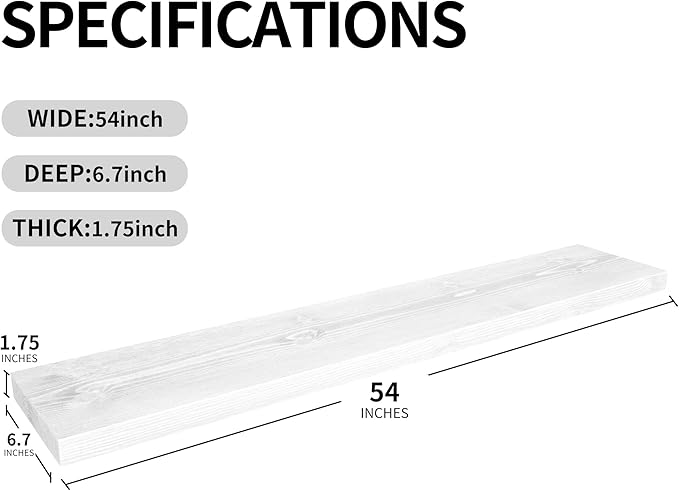 BGMG Wood Floating Shelves for Wall 54 inch Set of 2,White Floating Shelves,Solid Wood Wall Mount Shelves for Bathroom Living Room Bedroom Kitchen Farmhouse -54x 6.7 x1.75 inch