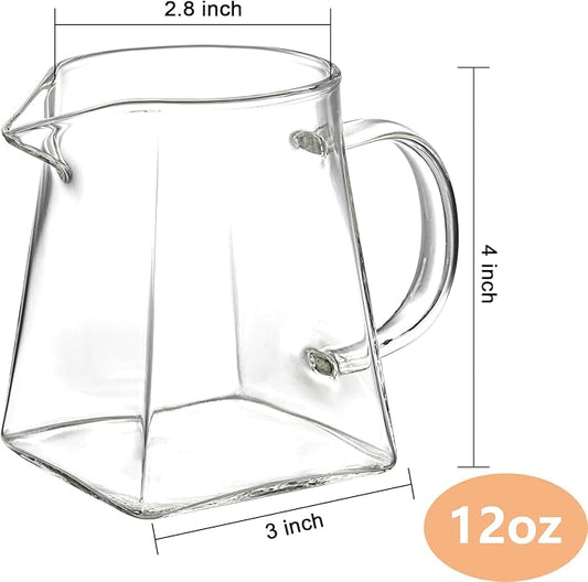 Yarlung 4 Pack Small Glass Pitcher, 12 Oz Clear Creamer Pitcher with Handle, Creative Coffee Milk Pitcher Tea Fair Cups for Table Serving, Square Base