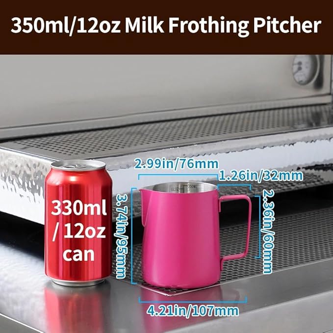 watchget Stainless Steel Milk Frothing Pitcher 12oz/350ml - Espresso Steaming Pitcher for Cappuccino, Latte Art, Coffee Machine Accessories Milk Jug Coffee Frother Cup, Rose Red