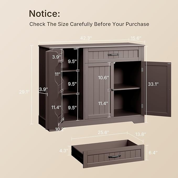 Gizoon Kitchen Coffee Bar Cabinet with Storage Kitchen Sideboard Buffet Cabinet with Drawers, Short Pantry with Door and Shelves for Bathroom and Living Room, Dark Brown
