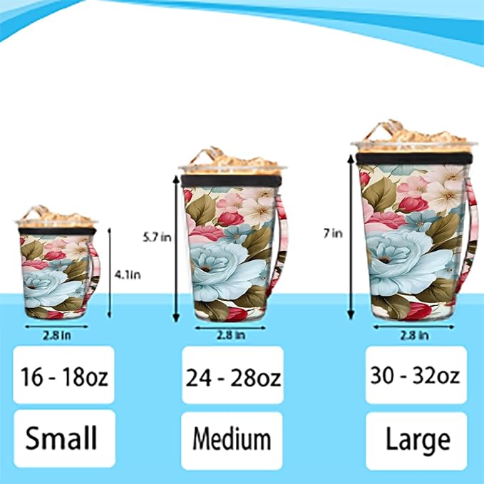 Reusable Iced Coffee Cup Sleeve Peony Neoprene Insulated Sleeves Cup Holder with handle Idea for 24oz - 28oz