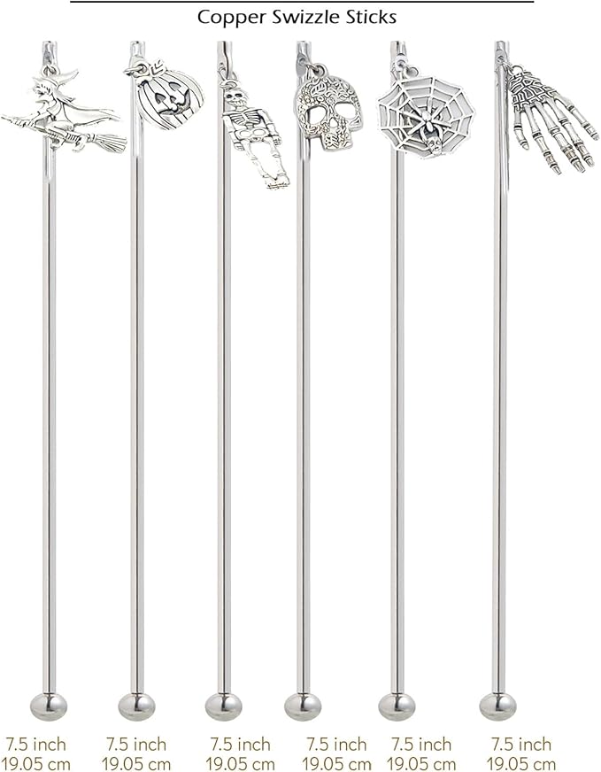 6Pcs Halloween Skull Charms Cocktail Stirrers Swizzle Sticks Stainless Steel 7.5" Coffee Beverage Stir Sticks for Mixing Cocktail, Hot Cocoa, Creamer