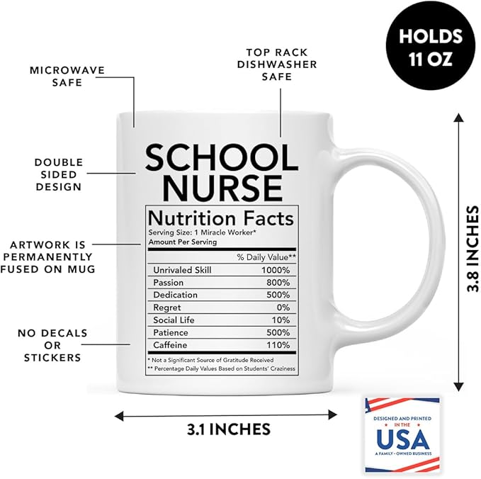 Andaz Press Funny 11oz. Ceramic Coffee Tea Mug Thank You Gift, School Nurse Nutritional Facts, 1-Pack