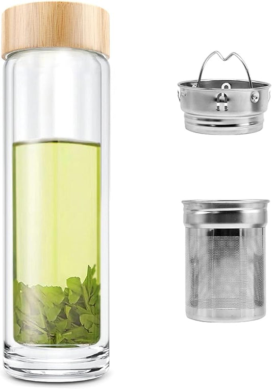 COMI Tea Bottle, 14 oz, Borosilicate Glass, Double Wall, Infuser & Strainer, Bamboo Lid, 400ml