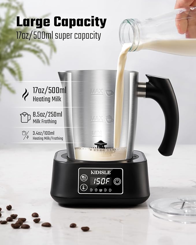 5-in-1 Milk Frother and Steamer, 17oz Detachable Frother with Adjustable Temperature, Hot Chocolate Maker, Stainless Steel Milk Steamer, Hot & Cold Foam Maker, Dishwasher Safe