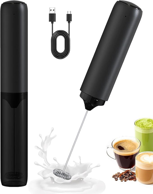 Rechargeable Milk Frother with Cover, Easy to Carry Drink Mixer Handheld, Electric Frother Wand for Coffee, Latte, Cappuccino, Frappe Drink, Hot Chocolate, Black