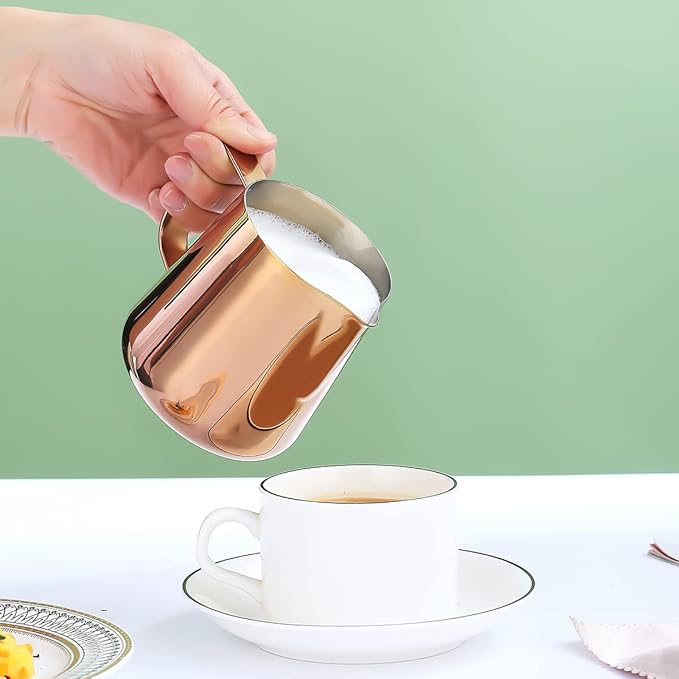 Milk Frothing Pitcher 12oz - 350ml, Kyraton Stainless Steel Espresso Steaming Pitchers with Decorating Pen,Milk Coffee Frother Cups Cappuccino Latte Art Barista Steam Pitchers Milk Jug Cup (Rose Gold)