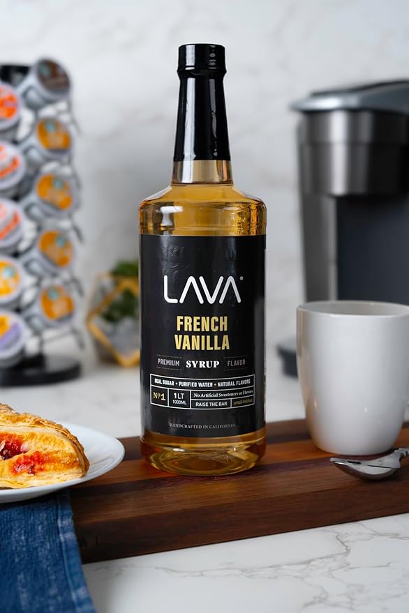 LAVA Premium French Vanilla Syrup, Natural Vanilla Coffee Sweetener, 33.8oz (1-Liter), Made with 100% Sugar, No Artificial Sweeteners, Flavors, or Colors. (1-Pack)