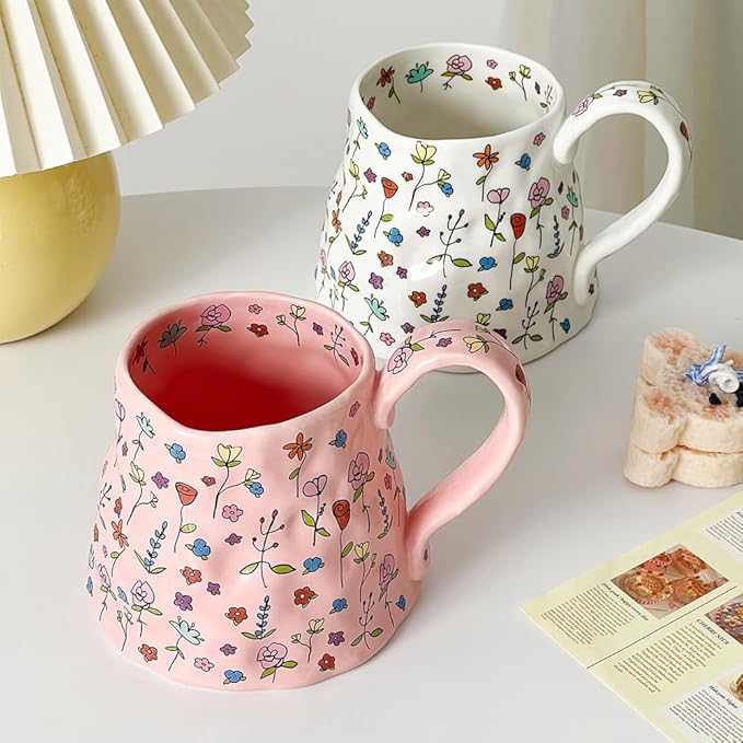 Large Ceramic Coffee Mug Pink Cute Flower with Big Handle, 20oz Girly Floral Tea Cup for Women Mothers Day Gifts, Novelty Irregular Oversized Mugs for Valentines Day Gifts for Her