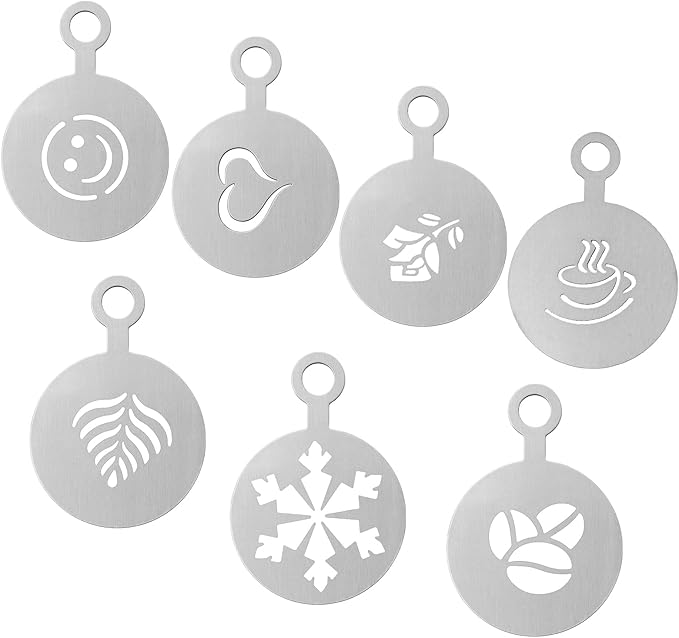 7PCS Coffee Stencils Latte Art, Stainless Steel Reusable Metal Coffee Stencils with Various Patterns for Cappuccino Cake Cookie Decorating Home and Cafe Use (Silver)