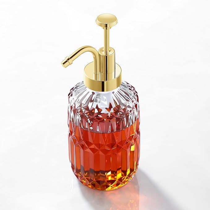 Glass Coffee Syrup Dispenser 13.5oz, Syrup Bottles with Luxurious Diamond Texture, Gold Syrup Pump, Coffee Bar Accessories, Kitchen Decoration