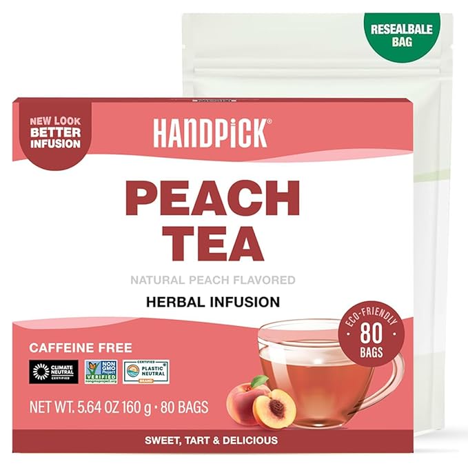 HANDPICK, Peach Tea Bags (80 Count) Non-GMO, Caffeine-Free - Peach, Hibiscus, Cinnamon, Cloves, Ginger | Floral & Refreshing Herbal Tea Bags, Brew Iced Tea or Hot Tea