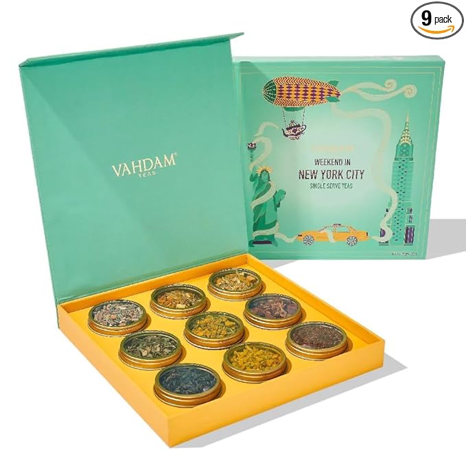 VAHDAM, Weekend In New York Tea Gift Set Travel Edition Gift Box | 9 Varieties - Green, Herbal & Black Tea | Gluten Free, Non GMO | Valentines Day Gifts for Him & Her