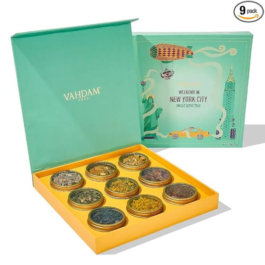 VAHDAM, Weekend In New York Tea Gift Set Travel Edition Gift Box | 9 Varieties - Green, Herbal & Black Tea | Gluten Free, Non GMO | Valentines Day Gifts for Him & Her