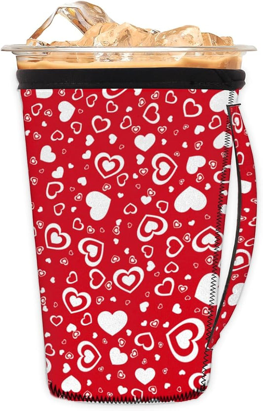 Red White Love Heart Reusable Coffee Sleeves Iced Coffee Cozy Insulator,Valentine's Day Neoprene Holder with Handle for Cold Coffee or Ice Drink, Small 16-18oz
