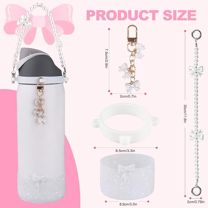 Water Bottle Accessories Set for Owala FreeSip 24oz、32 oz– Includes Pearl Handle Strap, Bow Charms,2.9in .3inch Silicone Bling Boot for Owala Accessories for Women