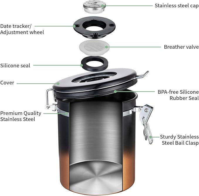 BERTILLE Stainless Steel Coffee Canister,16 oz Kitchen Food Storage Container with Date-Tracker, CO2-Release Valve and Measuring Scoop for Grounds Coffee, Beans, Tea, Cereal, Sugar（Medium,Golden）
