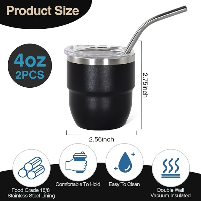 4oz Stackable Cup, Vacuum Insulated Espresso Cup Set of 2, Espresso Shot Glass for Coffee, Double Wall Stainless Steel Mini Tumbler Shot Glasses with Straw and Lid