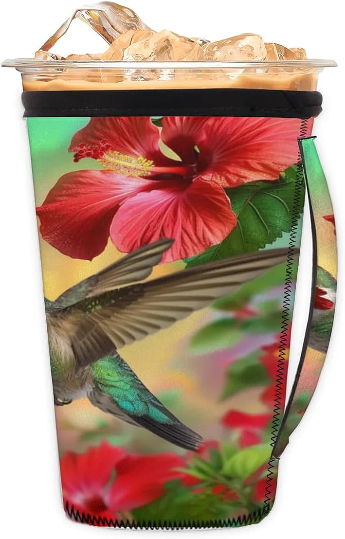 Reusable Iced Coffee Sleeve with Handle, Bird Hummingbird Neoprene Cup Sleeve Spring Flower Insulator Cup Holder for Cold Drinks Beverages 24oz - 28oz