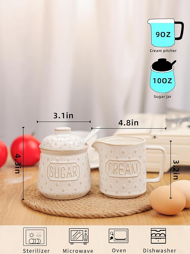 GDCZ Ceramic Sugar and Creamer Set, Milk Creamer and Sugar Container with Spoon, Coffee Serving Set with Sugar Bowl and Cream Pitcher, Set of 2 (White)