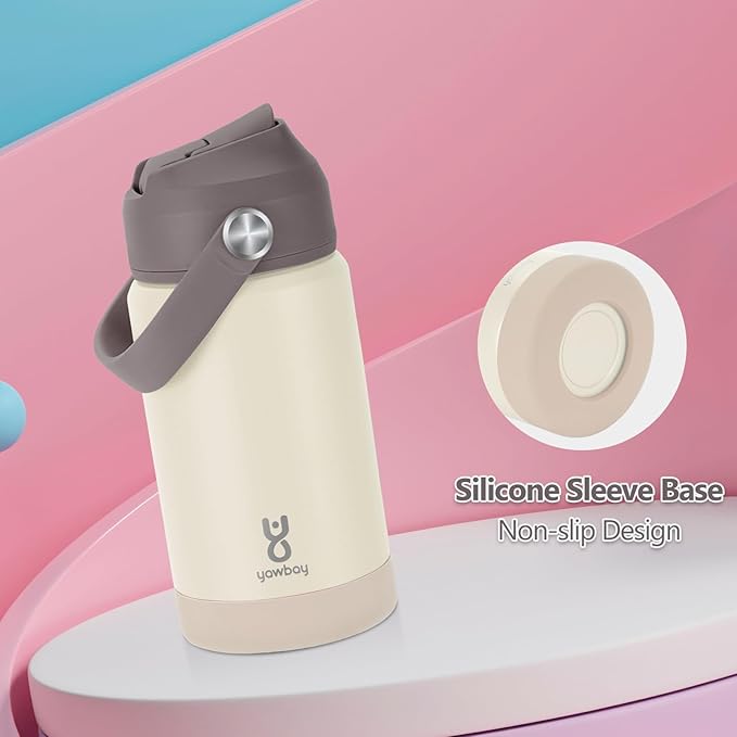Kids Insulated Water Bottle with Straw Lid & Silicone Handle,12oz Kids Leak Proof Water Bottle for School Boys Girls,Double Wall Vacuum Stainless Steel with Non-slip Silicone Base(Beige)