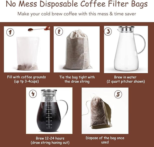 HOMYHEE Cold Brew Coffee Bags 60 Count Disposable Fine Mesh Brewing Bags for Concentrate/Iced Coffee Maker, French/Cold Press Kit, Hot Tea in Mason Jar or Pitcher, 6 x 10 Inches