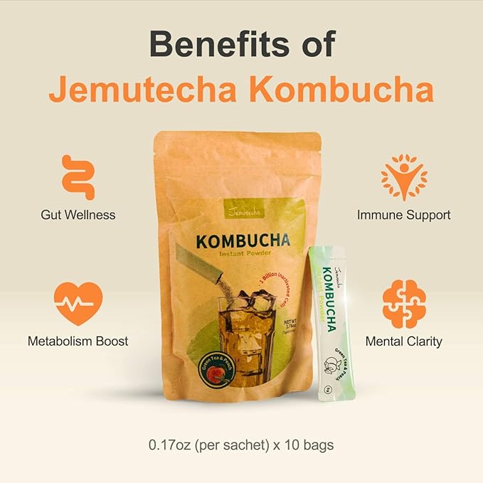 Jemutecha Green Kombucha Tea Powder, Organic, Low Sugar, Live Probiotics & Postbiotics, Antioxidant, Gluten Free, Healthy Drink Supports Gut Health, 10 Sticks, 1.76oz