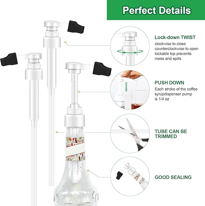 2pcs White Syrup Pump 750ml Glass Bottle White Coffee Syrup Pump with Tip Cap(2) Compatible with Monin Glass Bottles