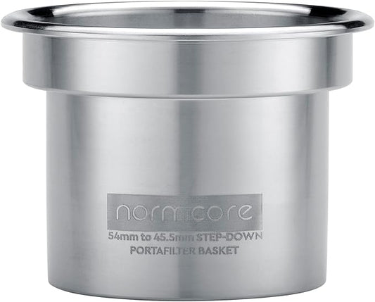 Normcore 54mm to 45.5mm Step-Down Portafilter Basket Kit, CNC-machined From a Solid Block of 304 Stainless Steel, 0.28mm Holes, Includes Dosing Funnel, 45.5mm Puck Screen, 200 Papers Filter