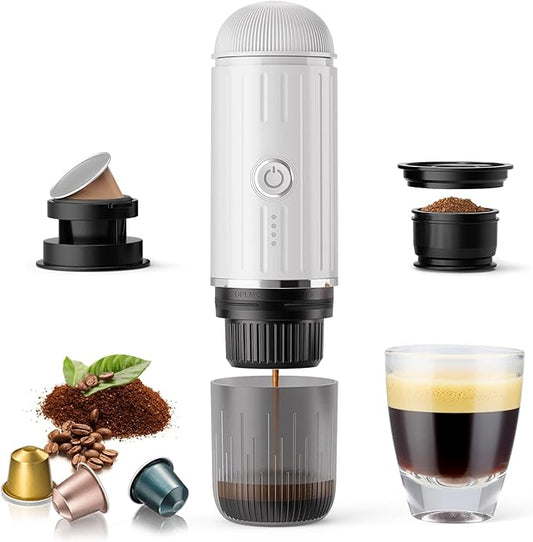 Portable Electric Espresso Coffee Maker for Ground Coffee & NS Capsule Espresso Machine Fast Self-Heating Technology‌ with USB-C Perfect for RV, Hiking, Camping, Office & On-the-Go Lifestyles, White