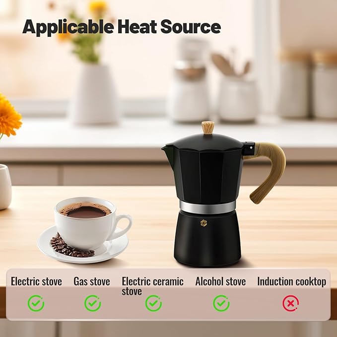 Vaolvpant 3 Cup Aluminum Moka Pot Classic Stovetop Espresso Coffee Maker 150ml 5oz Coffeemaker Percolator Mocha Pot Greca Coffee Maker Cafe Makers for Italian and Cuban Café Brewing Black