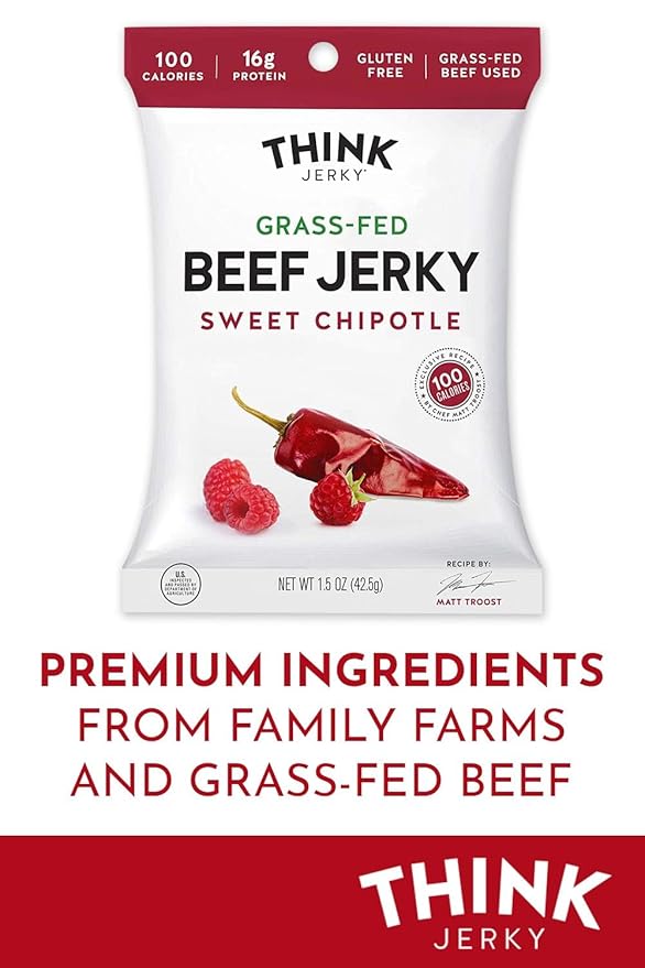 Think Jerky Sweet Chipotle Beef Jerky, Grass-Fed High Protein Beef Jerky, Gluten Free, No Antibiotics or Nitrates, Healthy Chef Crafted Recipe, Low Calorie and Low Fat - 2.2 oz Bags, 8 Pack