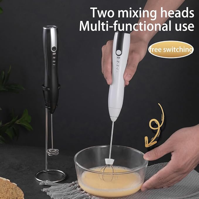 Ruciko Rechargeable 3-Speed Electric Milk Frother,Stainless Steel,Mini Handheld.Quick Type-C Charging for Lattes,Coffee,Egg Whipping & Hot Choc.With Double-Layer Frothing Head & Stand.(white)