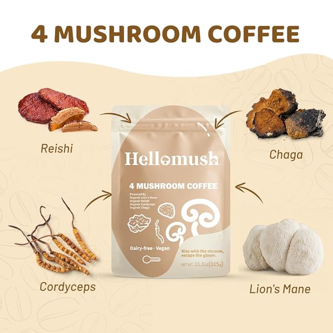 Hellomush Organic Instant Mushroom Coffee with Lions Mane, Reishi, Chaga and Cordyceps Coffee, Adaptogen Drink for Greater Energy, More Focus, Better Digestion, and Gut Support 90 Servings 11.11 oz