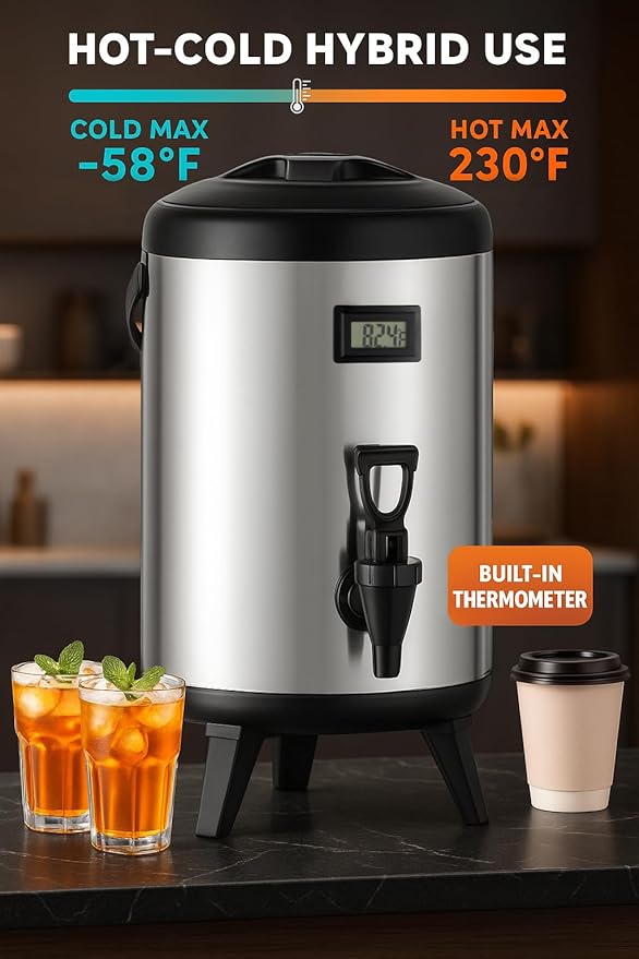 3.2 Gallon Insulated Beverage Dispenser, 12L Thermal Coffee and Drink Server with Spigot, Non-Electric Hot & Cold Drink Container for Juice, Tea, Milk, or Chocolate