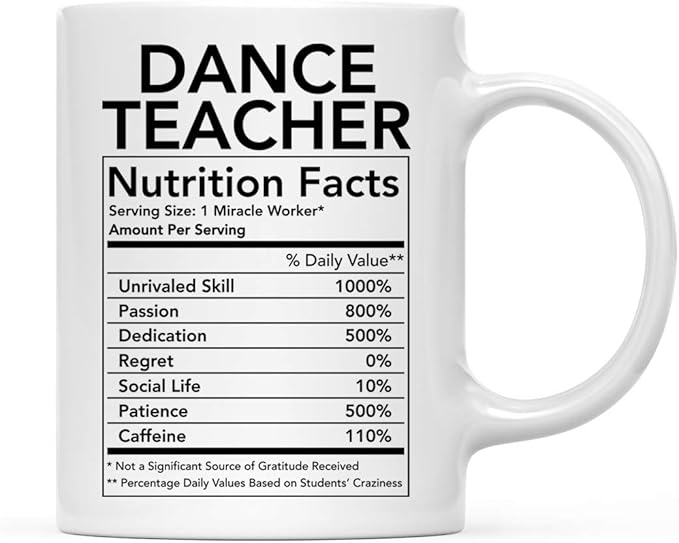 Andaz Press Funny 11oz. Ceramic Coffee Tea Mug Thank You Gift, Dance Teacher Nutritional Facts, 1-Pack Dance Teacher Mug Dance Teacher Gifts Dance Mug Teacher Mugs Dance Teacher Cup