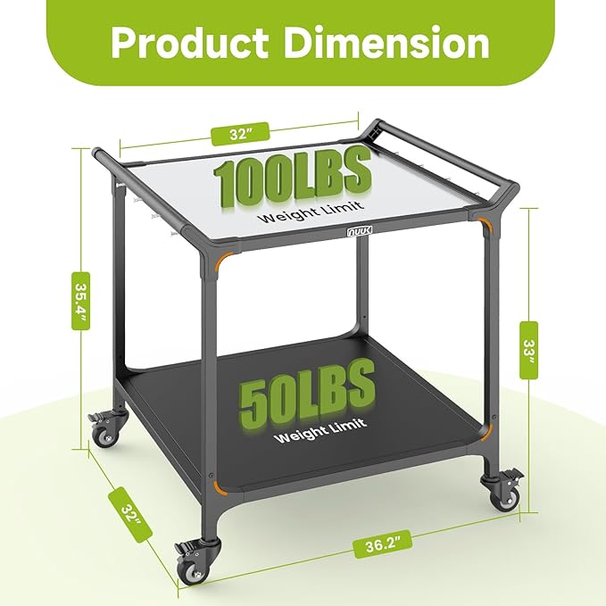 NUUK Grill Cart 32" x 32" Stainless Steel Pizza Oven Table with Double-Shelf Rolling Kitchen Island Cooking Station, Indoor & Outdoor Food Prep Cart