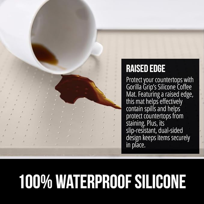 GORILLA GRIP Silicone Coffee Mat, 15x23, Espresso Machine Bar Accessories, Keep Kitchen Counters Clean, Stays in Place, Waterproof and Heat Resistant Dish Drying Mats, Home Decor Essentials, Almond