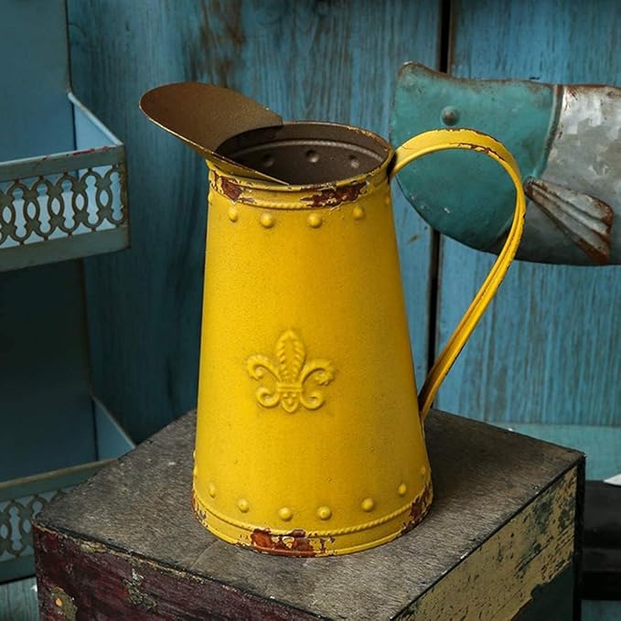 APSOONSELL French Style Shabby Chic Vase Metal Flower Vase Vintage Jug Rustic Farmhouse Decor for Home, Yellow