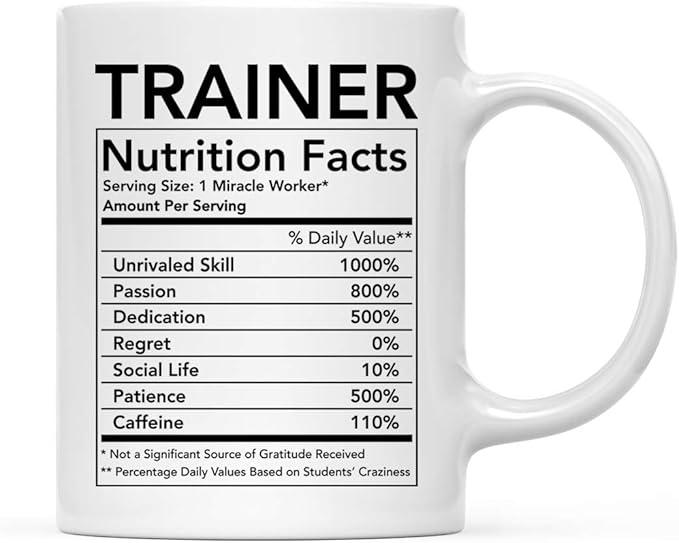 Andaz Press Funny 11oz. Ceramic Coffee Tea Mug Thank You Gift, Trainer Nutritional Facts, 1-Pack